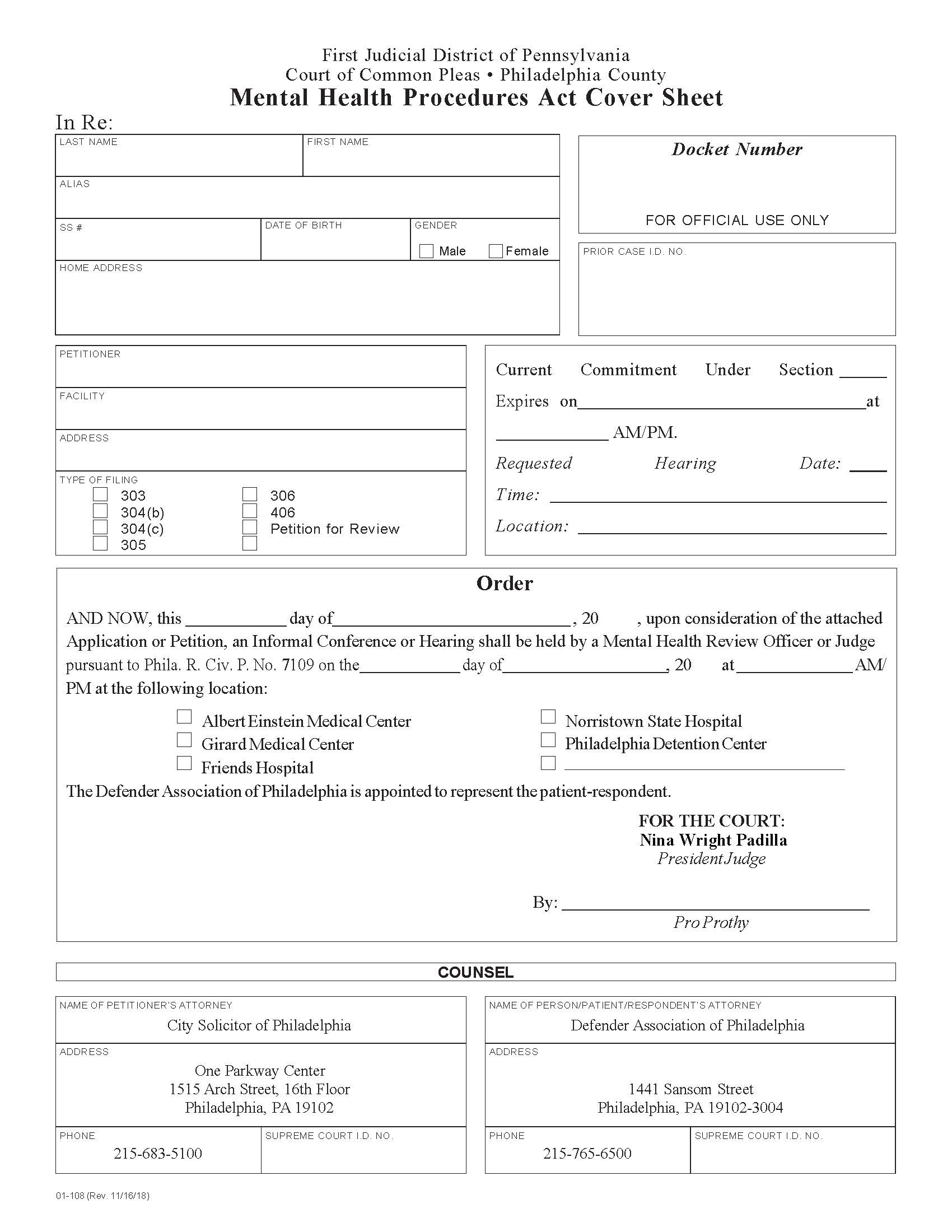 Mental Health Procedures Act Cover Sheet {01-108} | Pdf Fpdf Docx | Pennsylvania