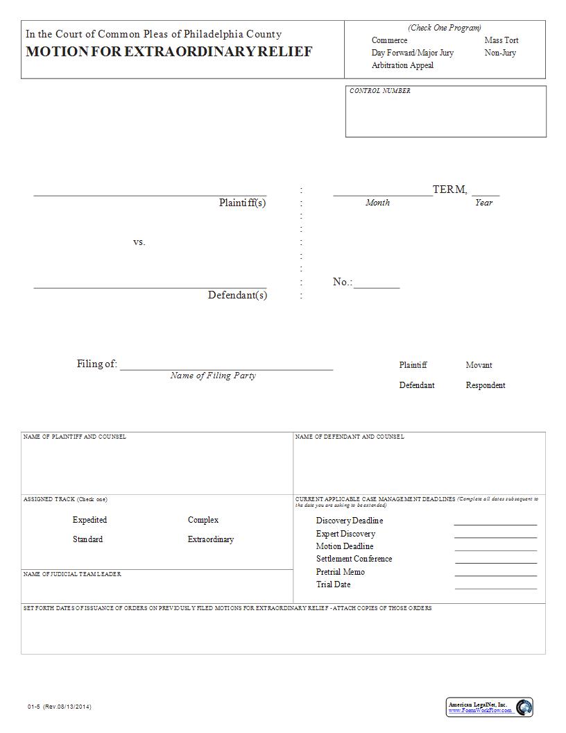 Motion For Extraordinary Relief {01-5} | Pdf Fpdf Docx | Pennsylvania