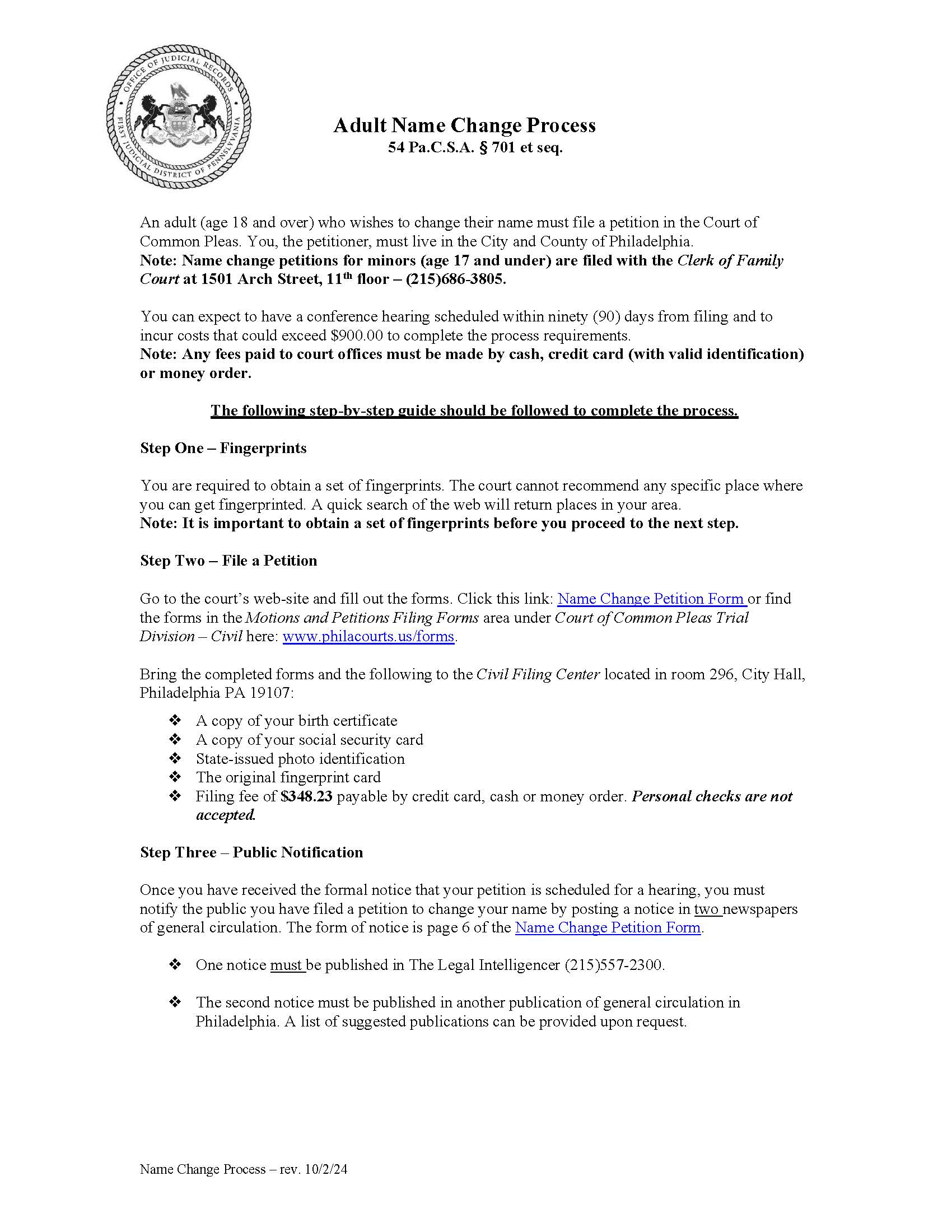 Name Change Petition Package {01-101A} | Pdf Fpdf Docx | Pennsylvania