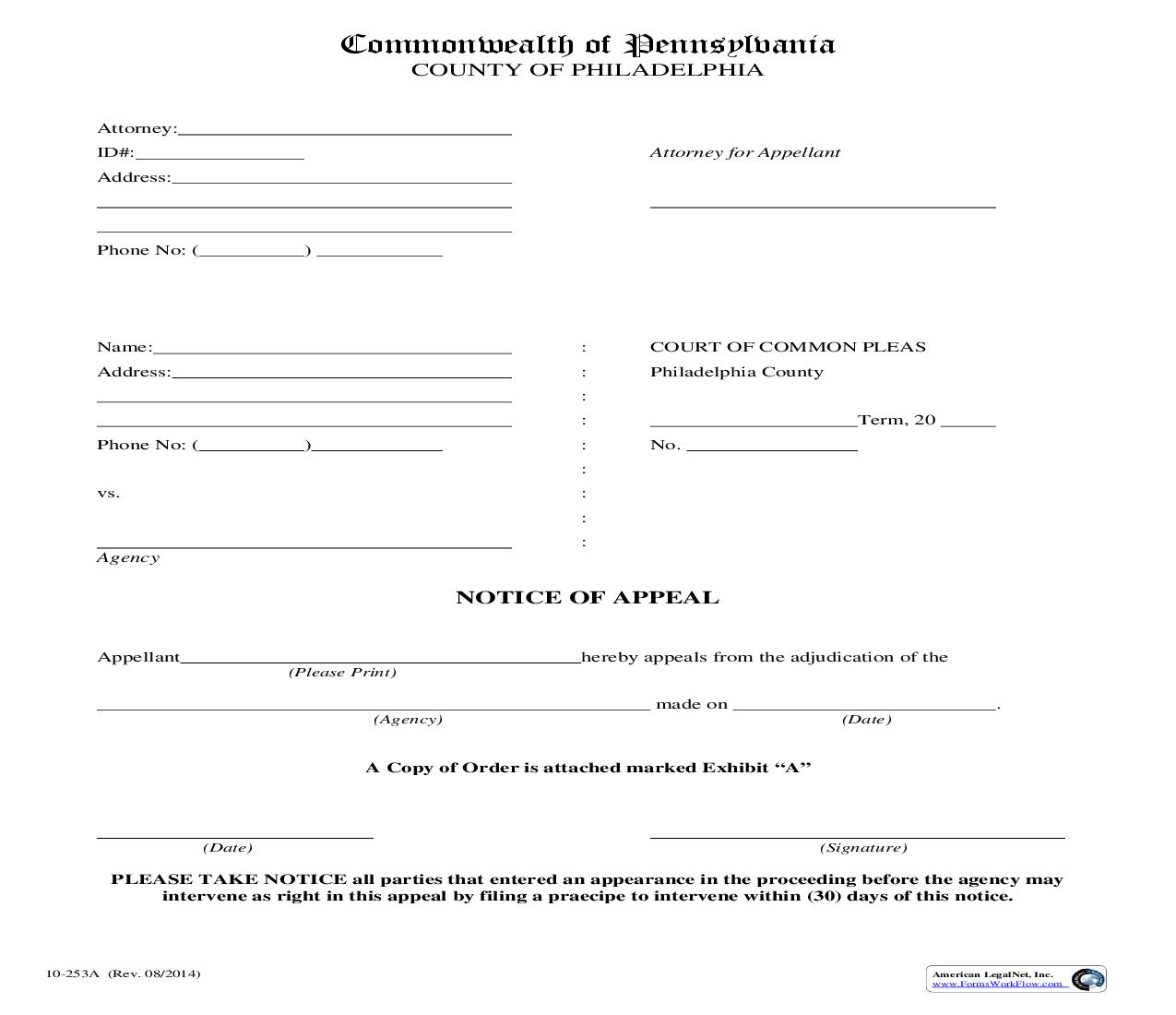 Notice Of Appeal (Agency) {10-253A} | Pdf Fpdf Doc Docx | Pennsylvania