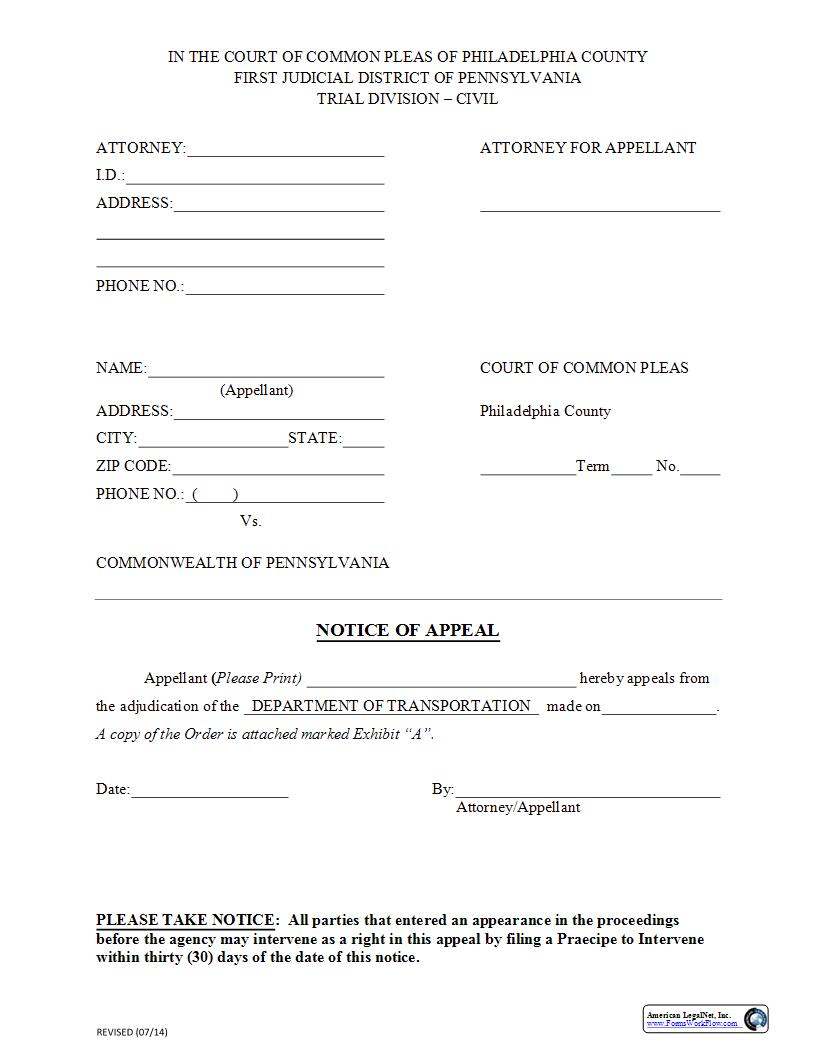 Notice Of Appeal (Department Of Transportation) {10-253} | Pdf Fpdf Docx | Pennsylvania