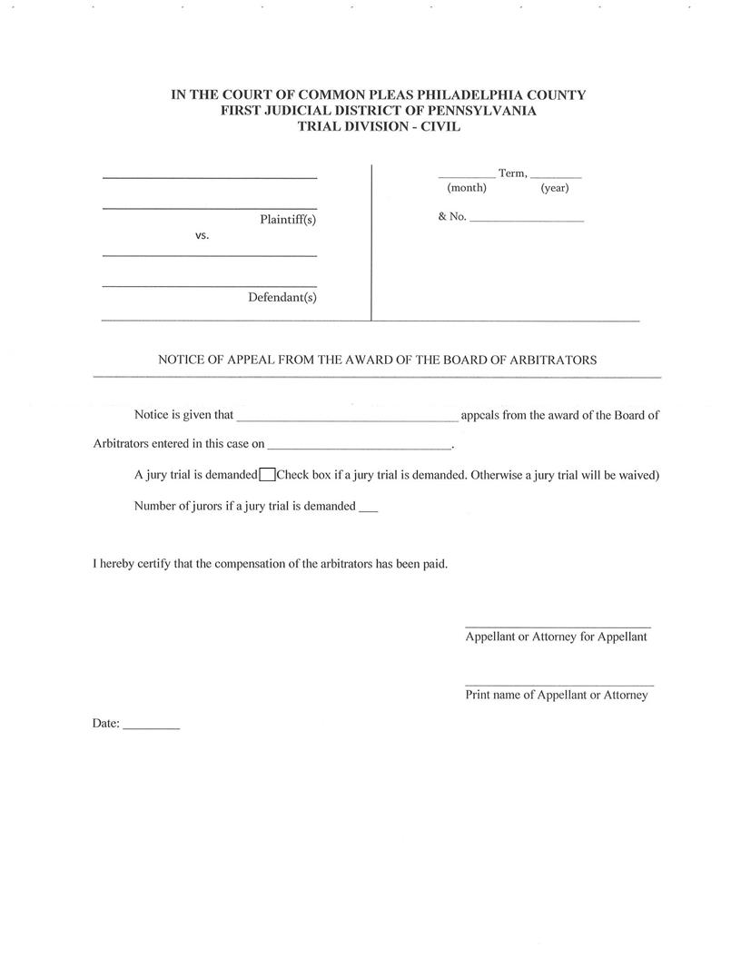 Notice Of Appeal From The Award Of The Board Of Arbitrators | Pdf Fpdf Docx | Pennsylvania