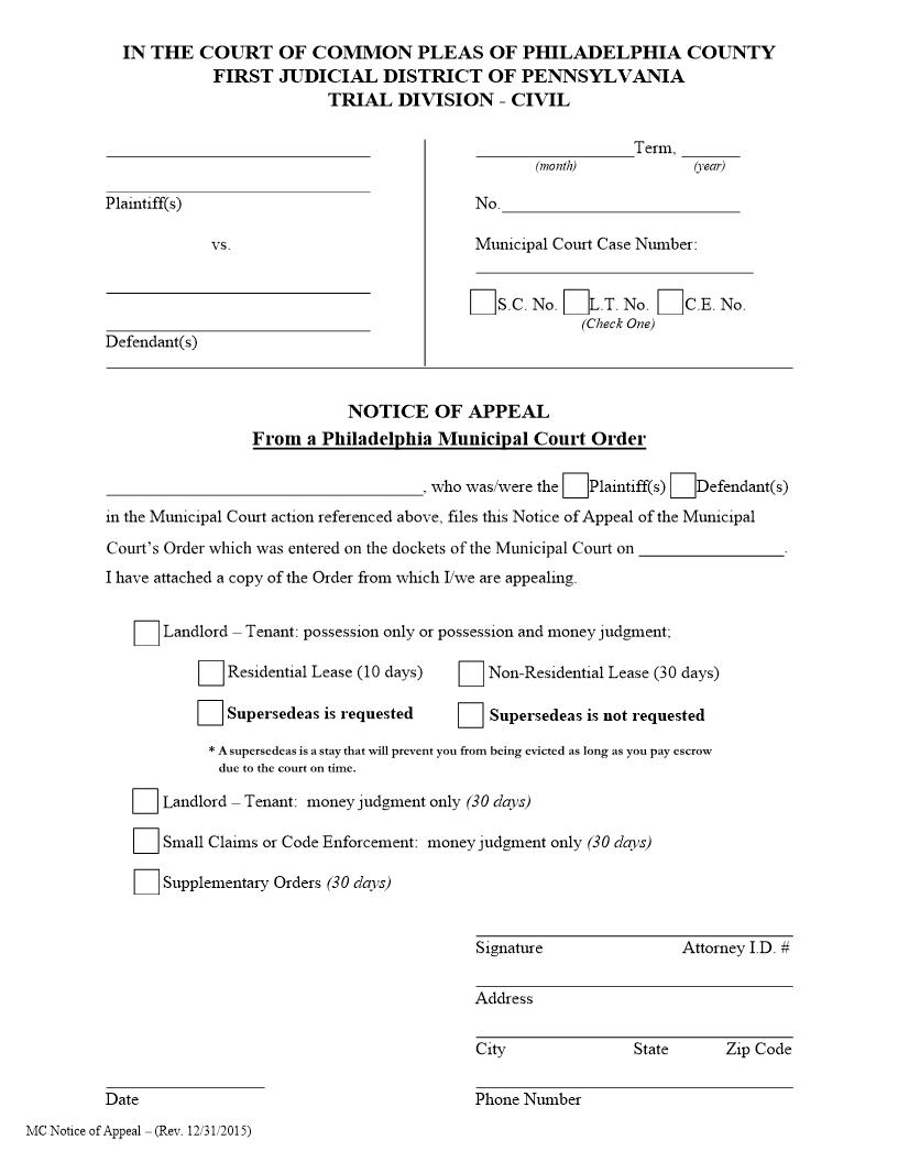 Notice Of Appeal | Pdf Fpdf Doc Docx | Pennsylvania