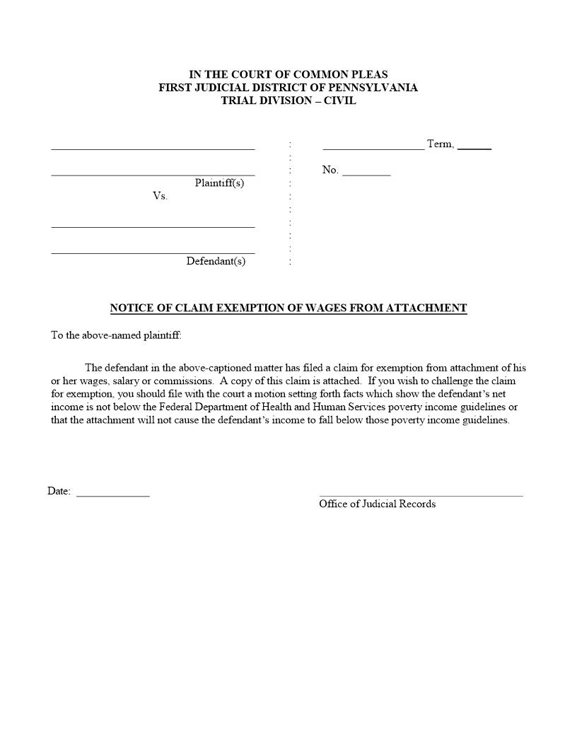 Notice Of Claim Exemption Of Wages From Attachment | Pdf Fpdf Docx | Pennsylvania