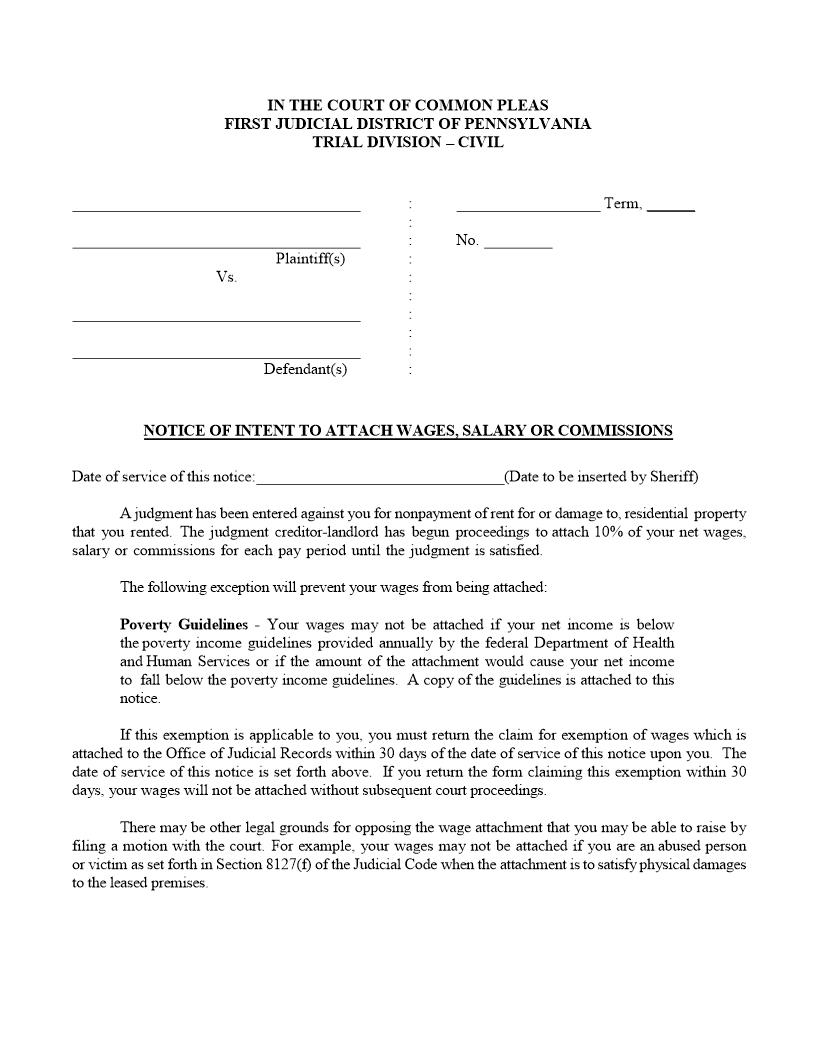 Notice Of Intent To Attach Wages Salary Or Commissions | Pdf Fpdf Docx | Pennsylvania
