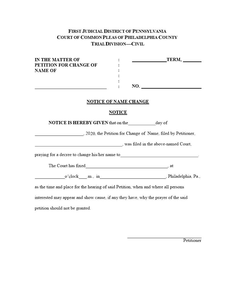 Notice Of Name Change | Pdf Fpdf Docx | Pennsylvania
