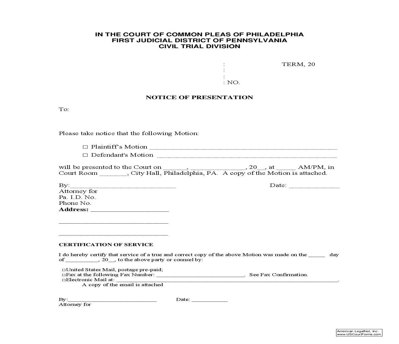 Notice Of Presentation | Pdf Fpdf Doc Docx | Pennsylvania