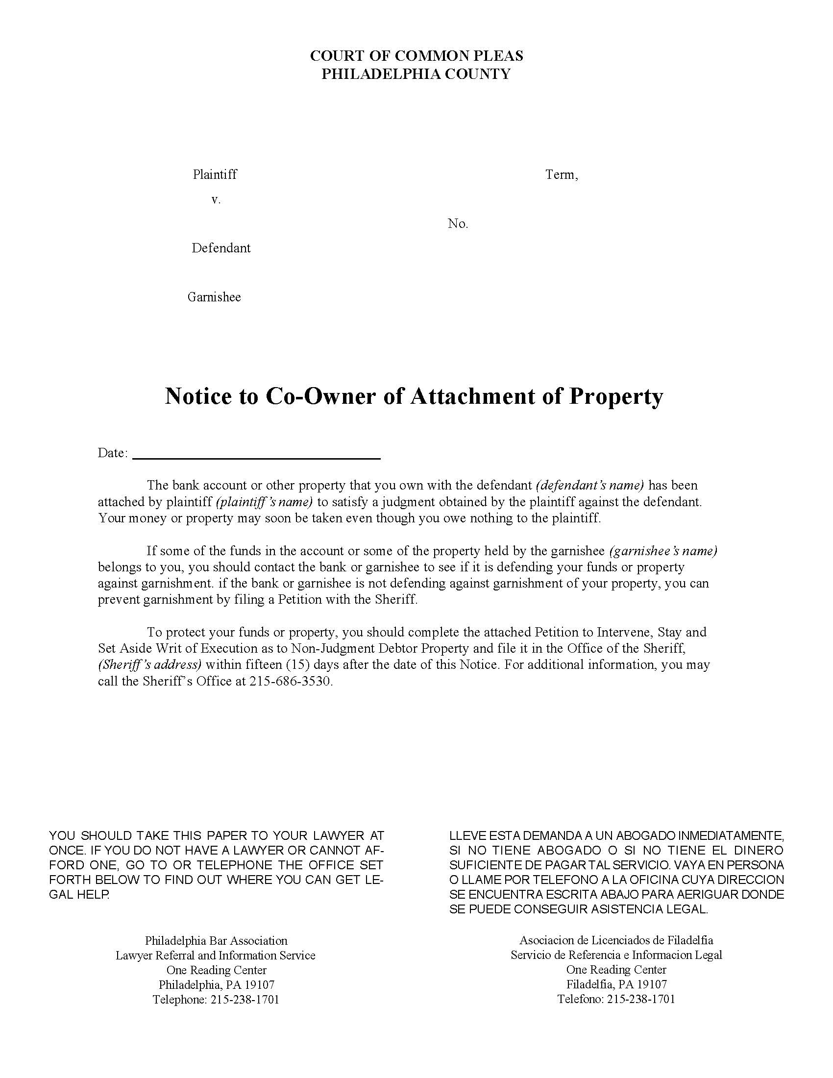 Notice To Co-Owner Of Attachment Of Property | Pdf Fpdf Doc Docx | Pennsylvania