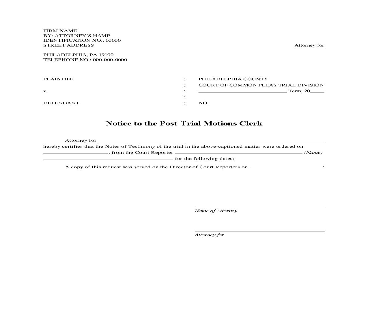 Notice To The Post-Trial Motions Clerk | Pdf Fpdf Doc Docx | Pennsylvania