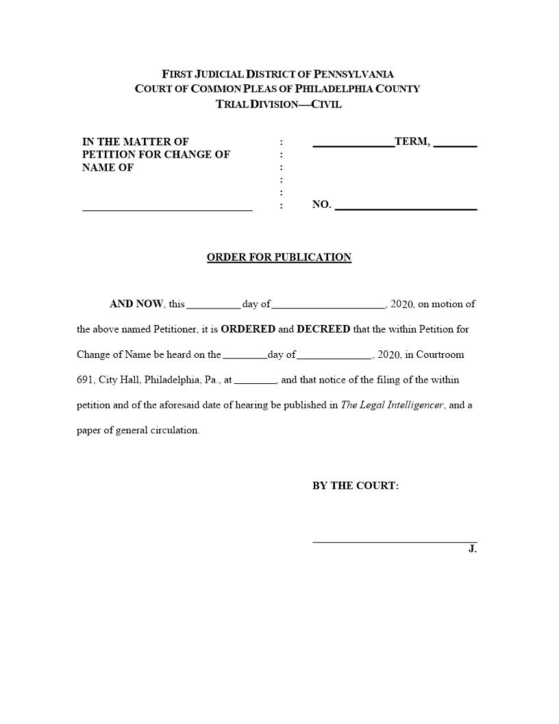 Order For Publication (Change Of Name) | Pdf Fpdf Docx | Pennsylvania