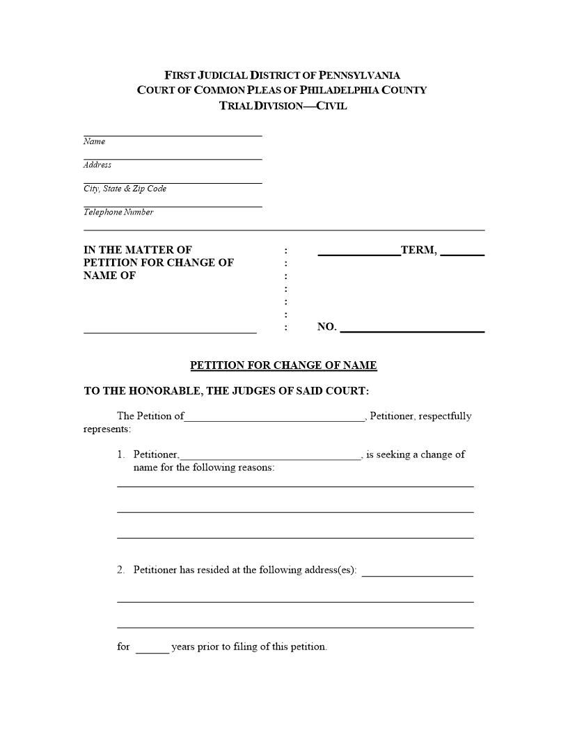 Petition For Change Of Name | Pdf Fpdf Docx | Pennsylvania