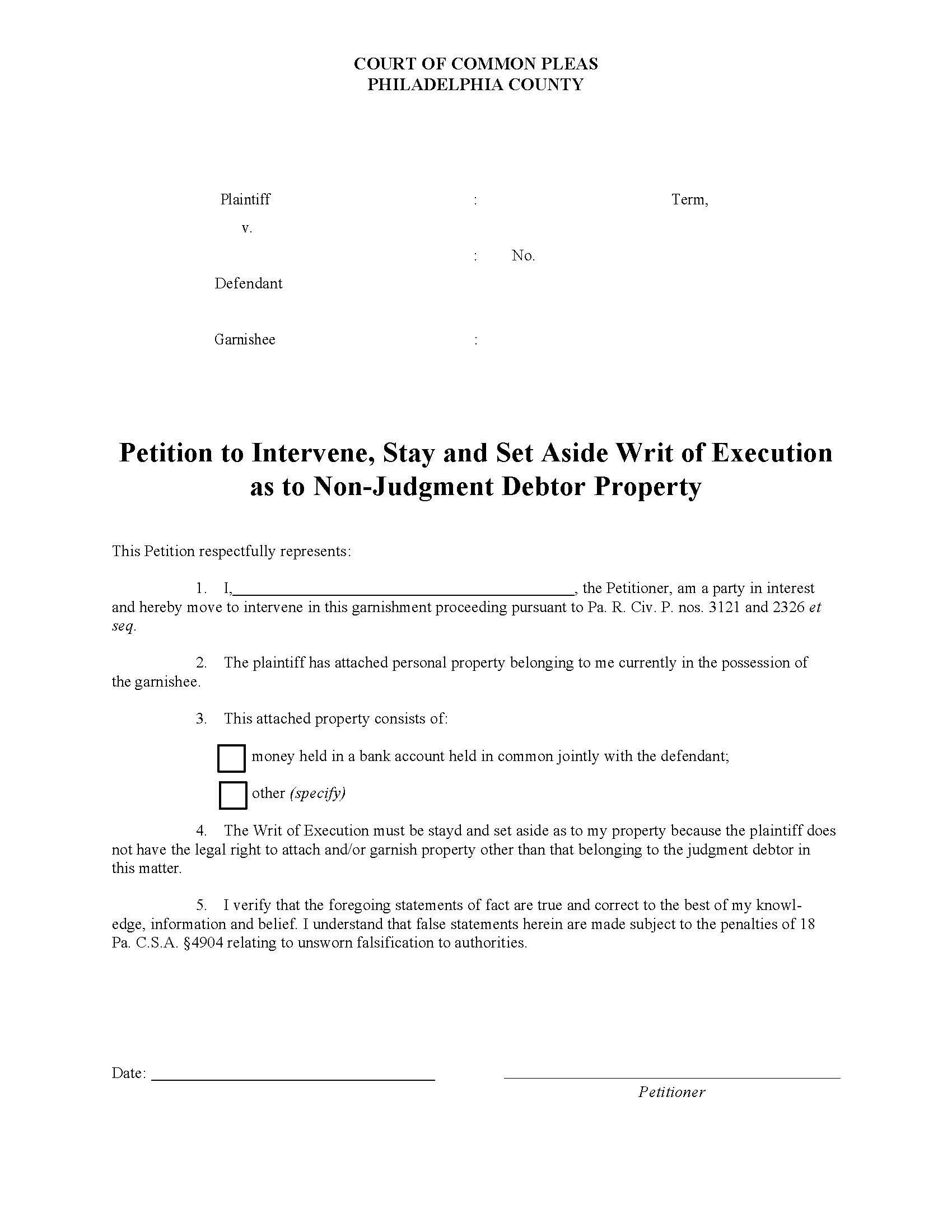 Petition To Intervene Stay And Set Aside Writ Of Execution As To Non-Judgment Debtor Property | Pdf Fpdf Doc Docx | Pennsylvania