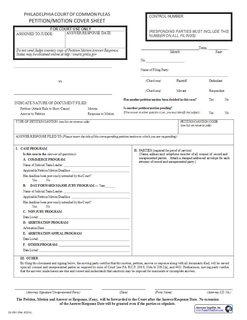 Petition-Motion Cover Sheet {30-1061} | Pdf Fpdf Docx | Pennsylvania