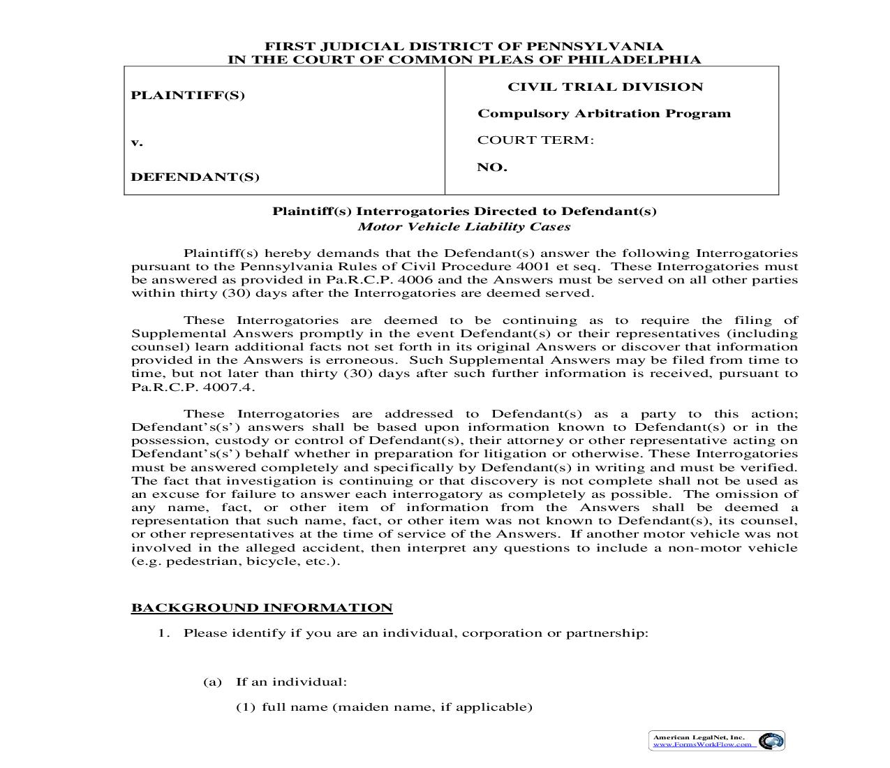 Plaintiffs Interrogatories Directed To Defendant (Motor Vehicle Liability Cases) | Pdf Fpdf Doc Docx | Pennsylvania