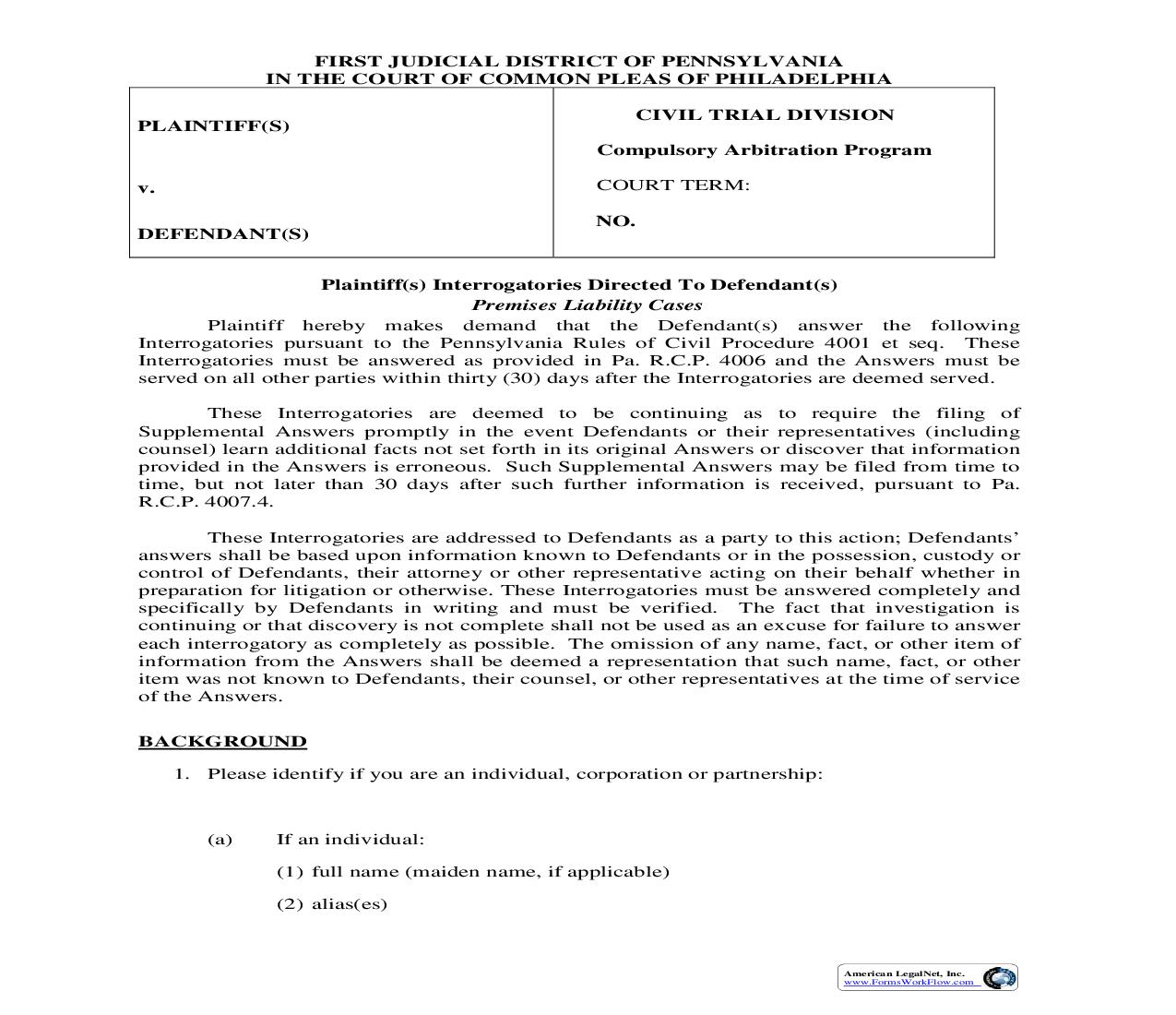 Plaintiffs Interrogatories To Defendants (Premises Liability Cases) | Pdf Fpdf Doc Docx | Pennsylvania