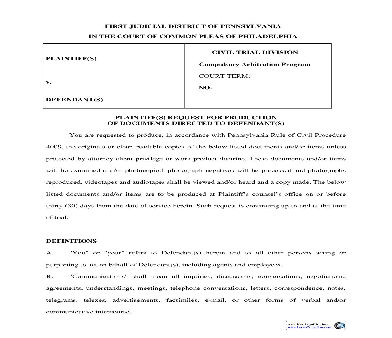 Plaintiffs Request For Production Of Documents Directed To Defendant | Pdf Fpdf Doc Docx | Pennsylvania