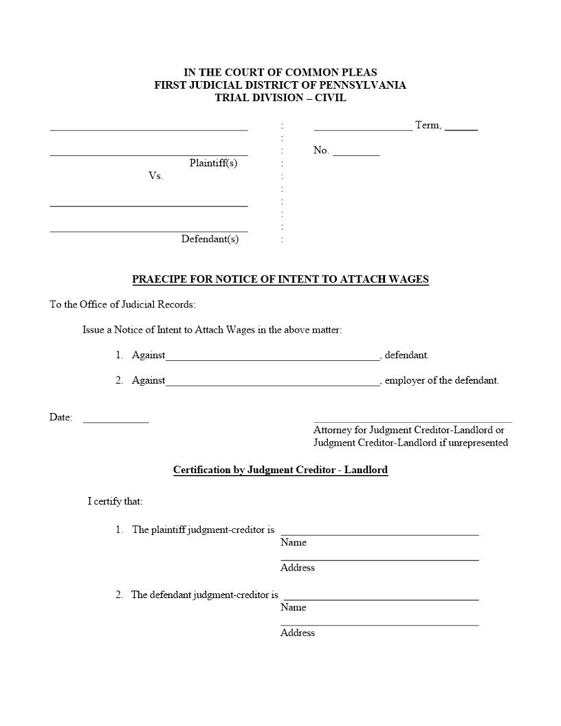 Praecipe For Notice Of Intent To Attach Wages | Pdf Fpdf Docx | Pennsylvania