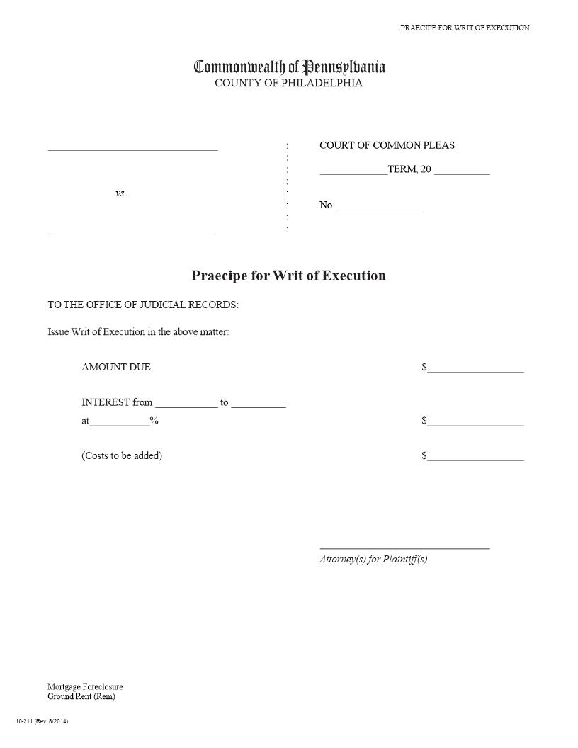 Praecipe For Writ Of Execution (Mortgage Foreclosure) | Pdf Fpdf Docx | Pennsylvania