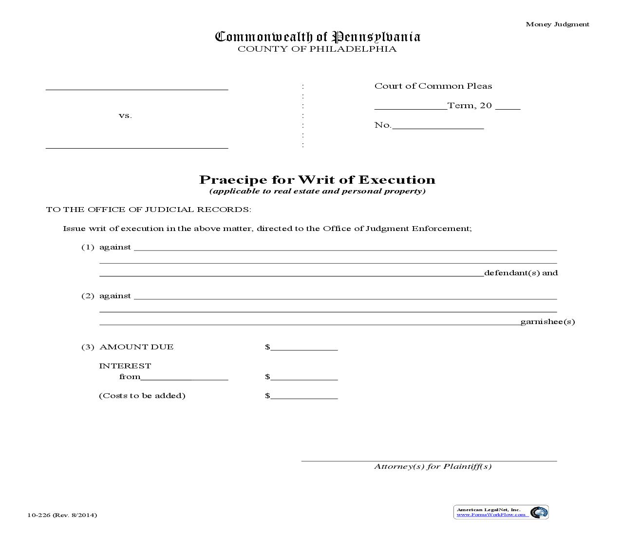 Praecipe For Writ Of Execution (Real Estate and Personal Property) {10-226} | Pdf Fpdf Doc Docx | Pennsylvania