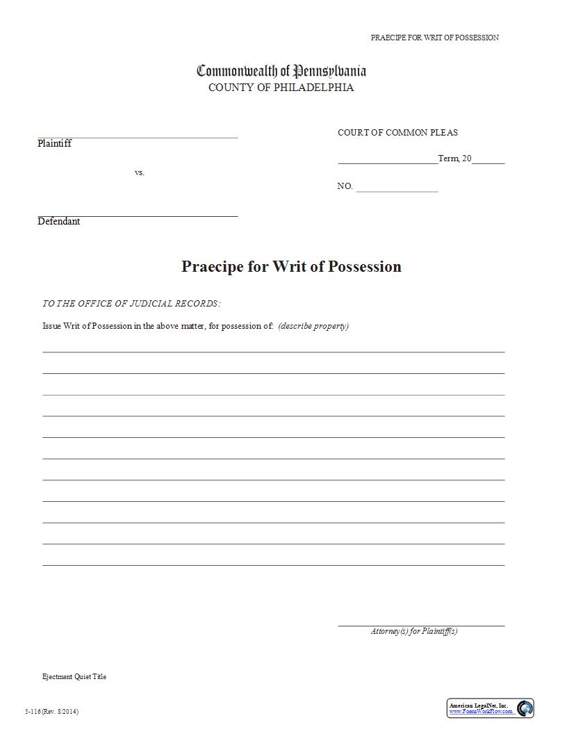 Praecipe For Writ Of Possession {5-116} | Pdf Fpdf Docx | Pennsylvania