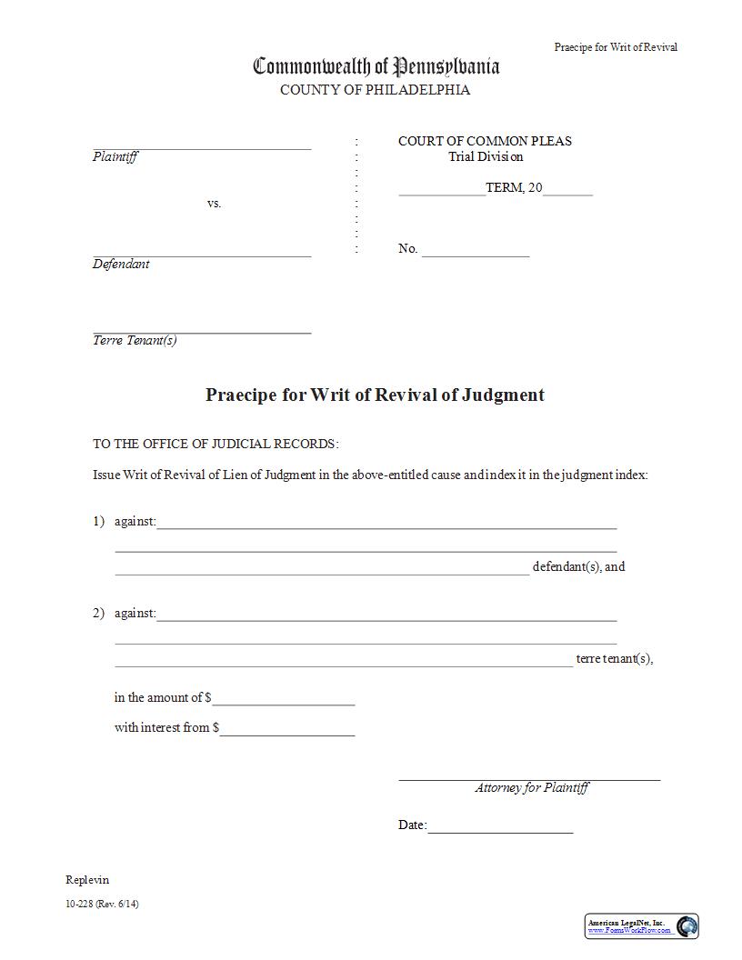 Praecipe For Writ Of Revival Of Judgment {10-228} | Pdf Fpdf Docx | Pennsylvania