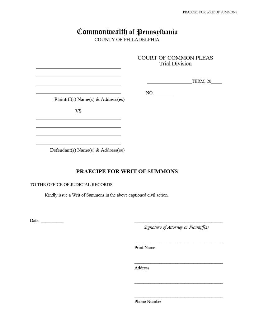 Praecipe For Writ Of Summons | Pdf Fpdf Docx | Pennsylvania