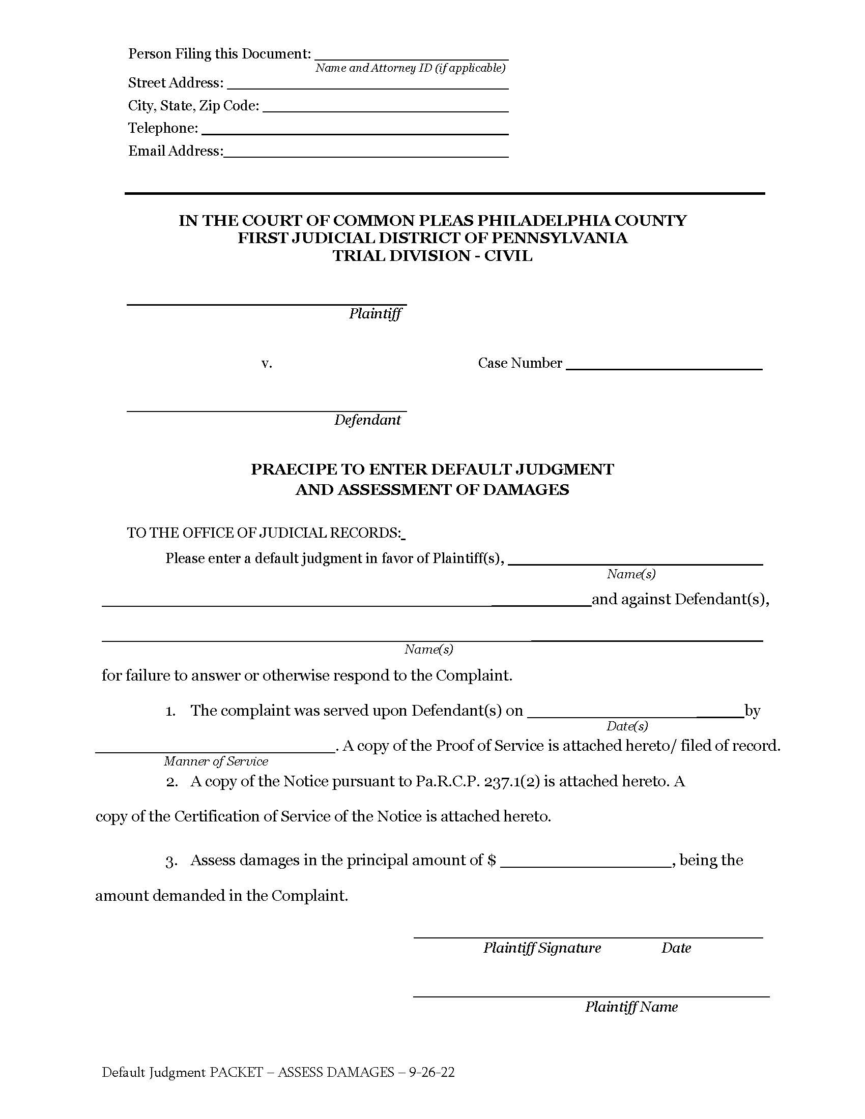 Praecipe To Enter Default Judgment And Assessment Of Damages | Pdf Fpdf Docx | Pennsylvania