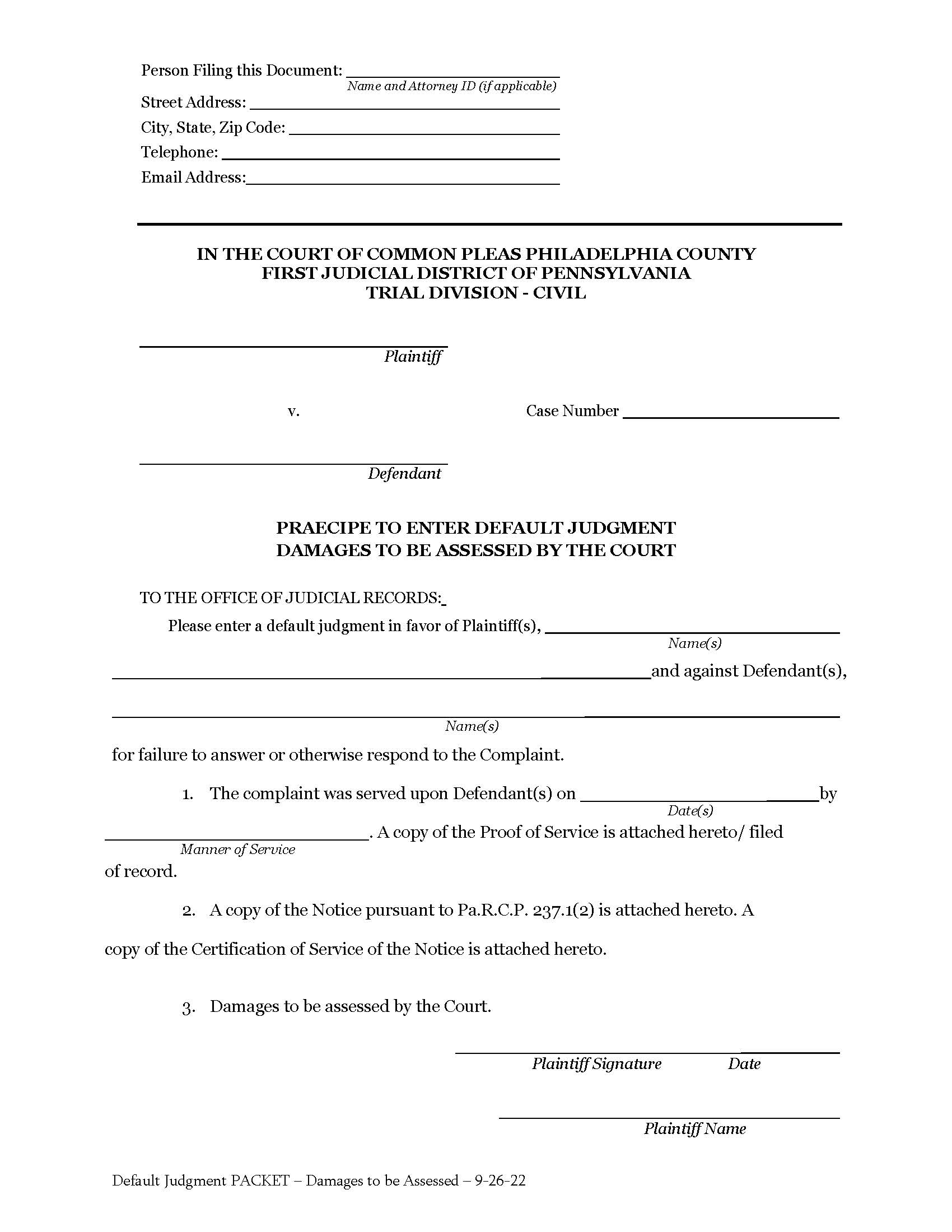 Praecipe To Enter Default Judgment Damages To Be Assessed By the Court | Pdf Fpdf Docx | Pennsylvania