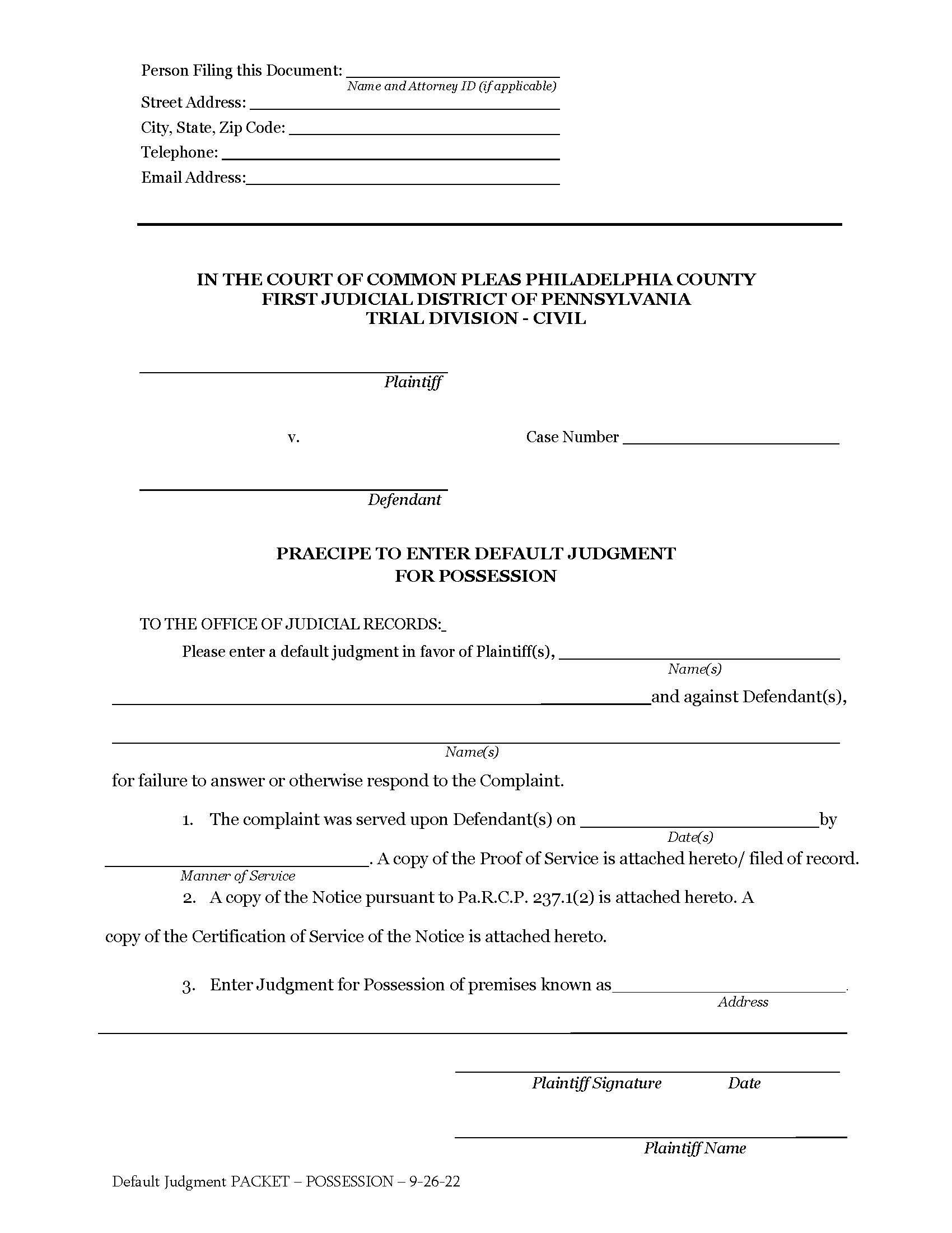 Praecipe To Enter Default Judgment For Possession | Pdf Fpdf Docx | Pennsylvania