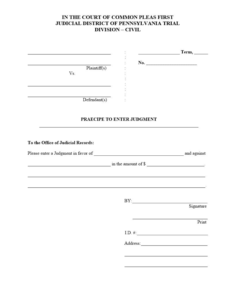 Praecipe To Enter Judgment | Pdf Fpdf Docx | Pennsylvania