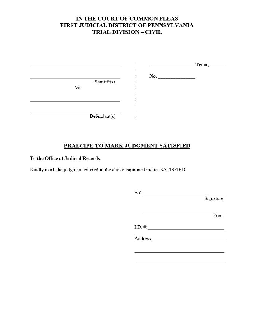 Praecipe To Mark Judgment Satisfied | Pdf Fpdf Docx | Pennsylvania