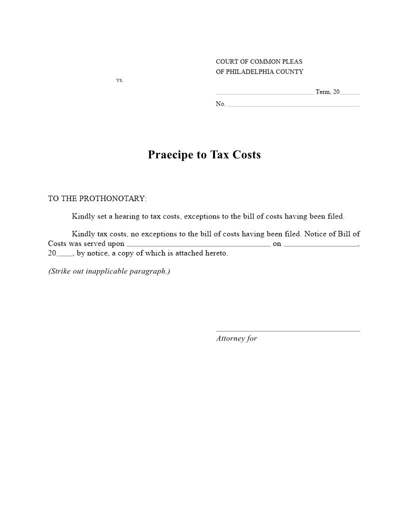 Praecipe To Tax Costs | Pdf Fpdf Doc Docx | Pennsylvania
