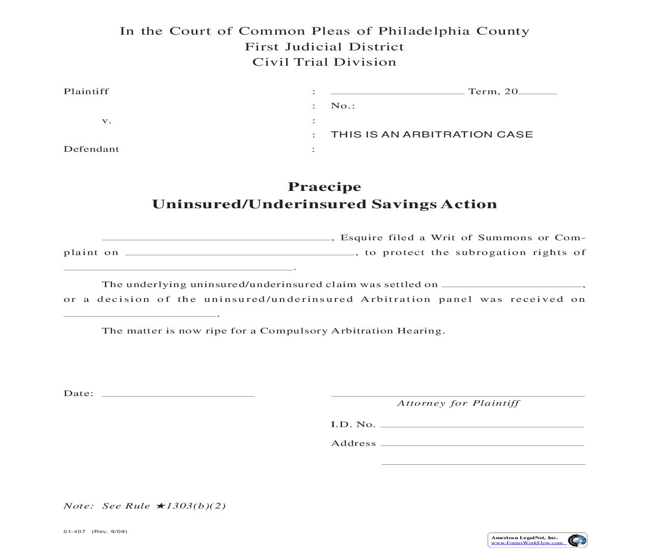 Praecipe Uninsured Underinsured Savings Action {01-407} | Pdf Fpdf Doc Docx | Pennsylvania