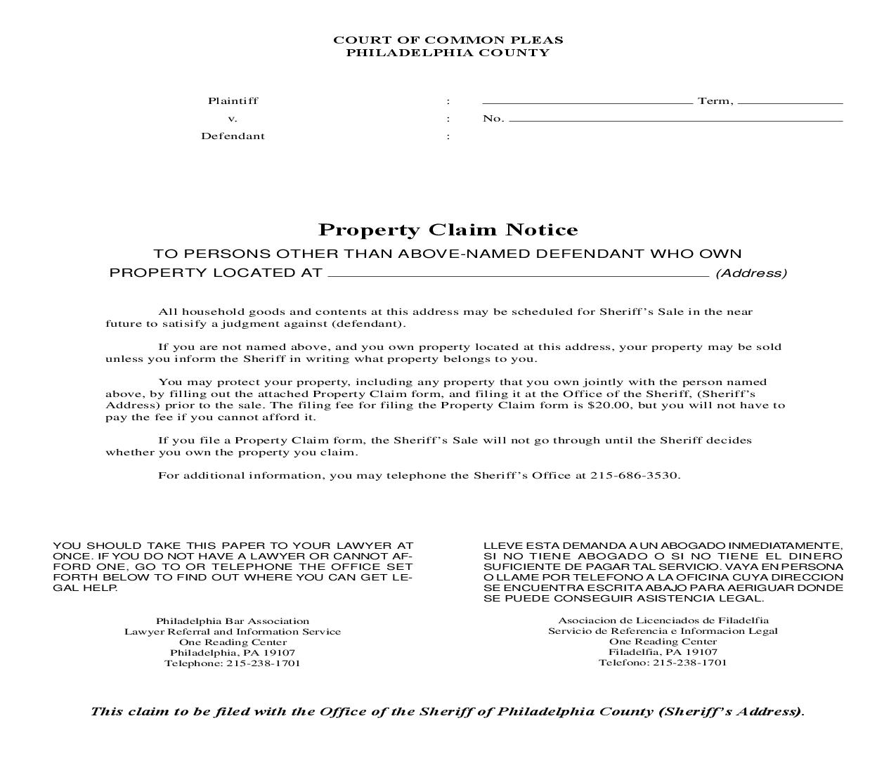 Property Claim Notice | Pdf Fpdf Doc Docx | Pennsylvania