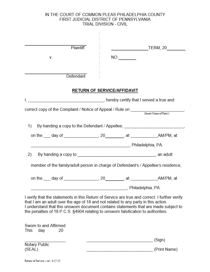 Return Of Service Affidavit | Pdf Fpdf Docx | Pennsylvania