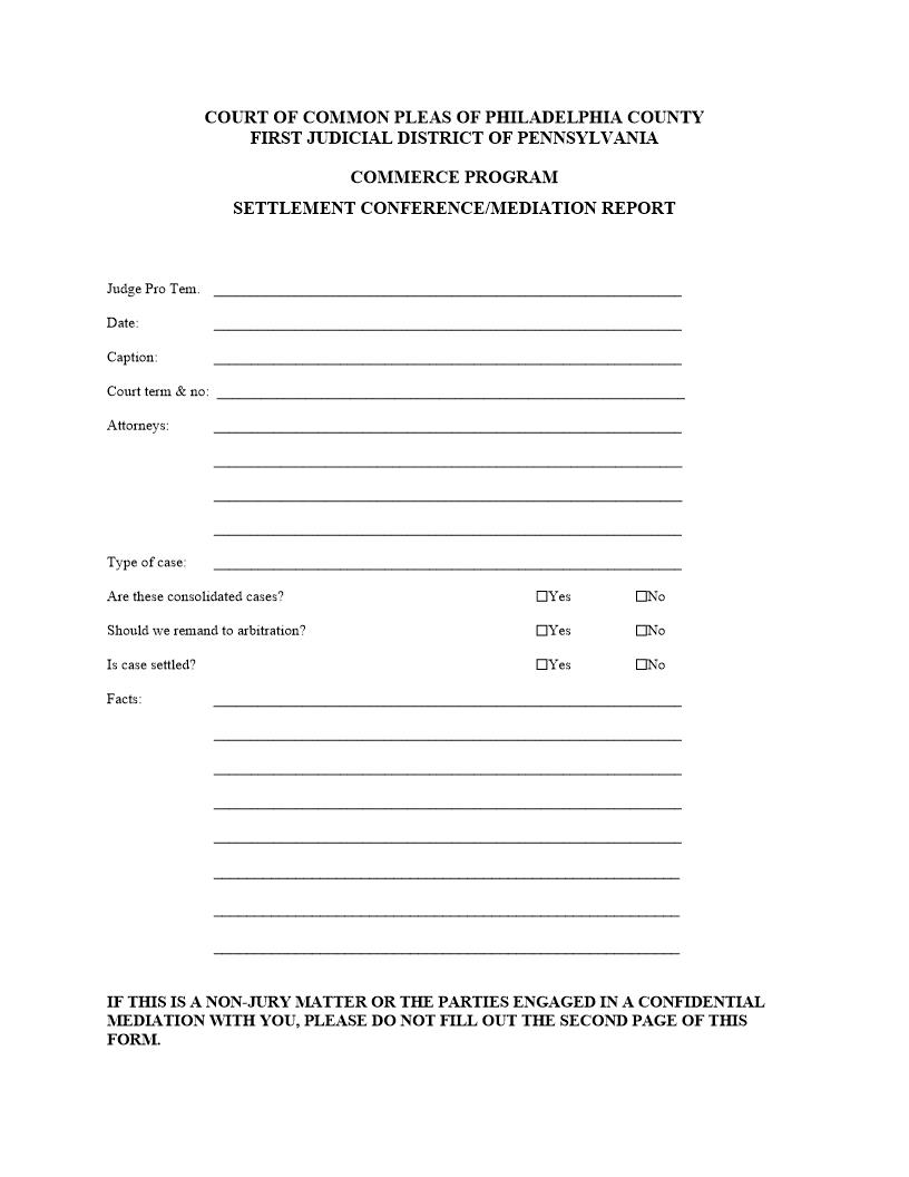 Settlement Conference Mediation Report (Commerce Program) | Pdf Fpdf Docx | Pennsylvania
