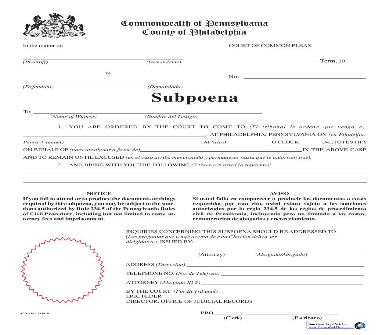 Subpoena {10-200} | Pdf Fpdf Doc Docx | Pennsylvania