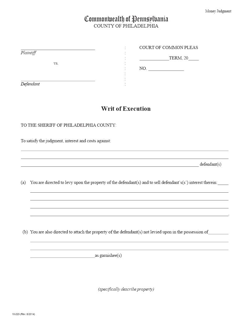 Writ Of Execution (Money Judgment) {10-225} | Pdf Fpdf Docx | Pennsylvania