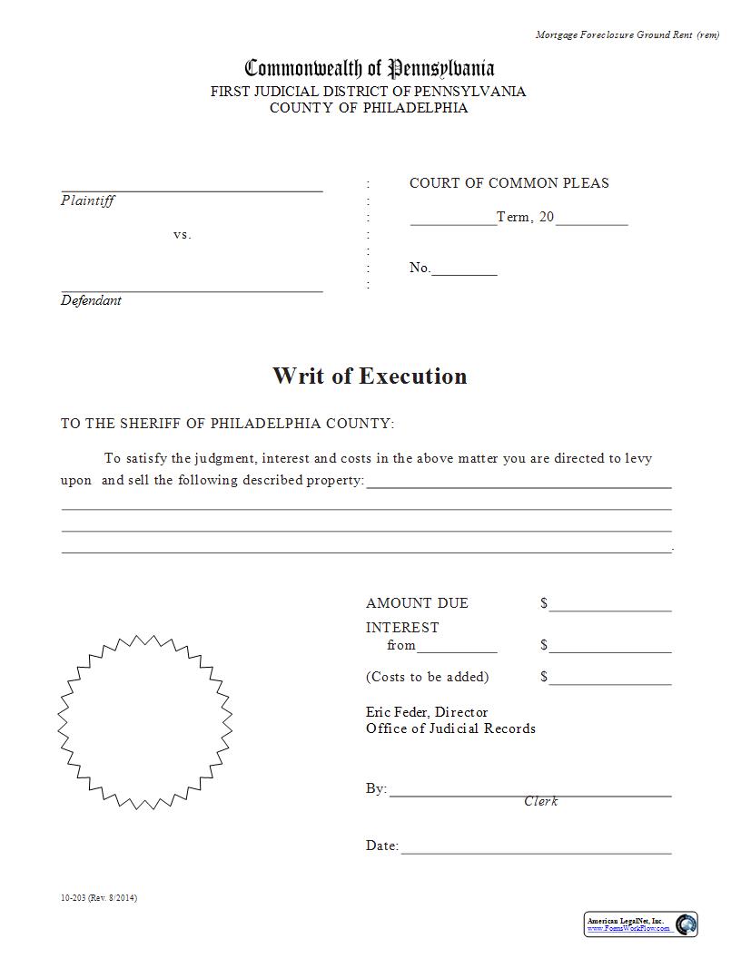 Writ Of Execution (Mortgage Foreclosure) {10-203} | Pdf Fpdf Docx | Pennsylvania