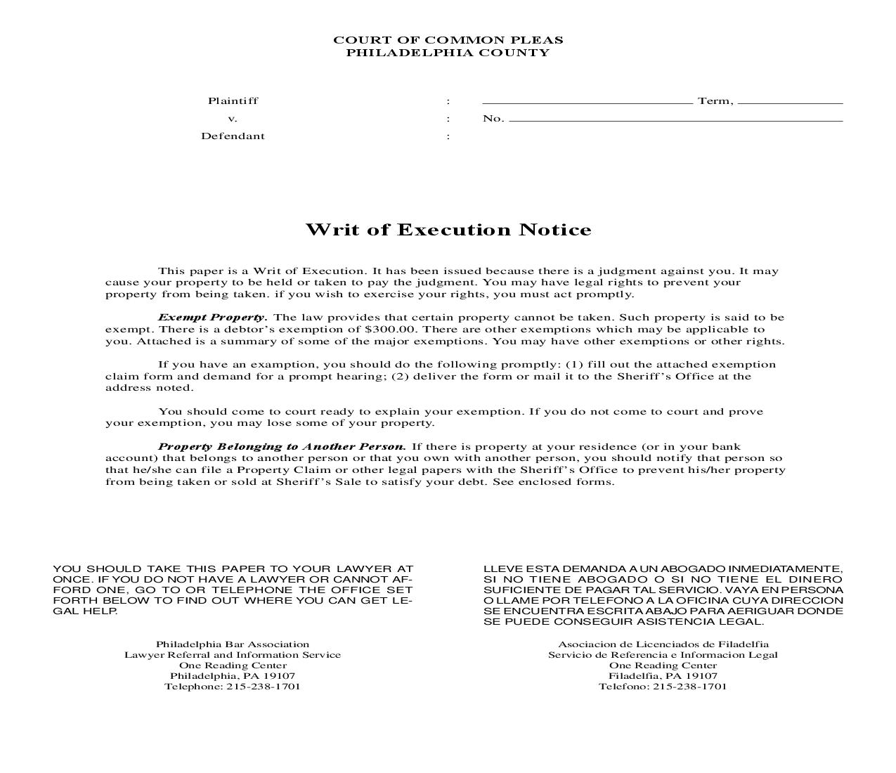 Writ Of Execution Notice | Pdf Fpdf Doc Docx | Pennsylvania