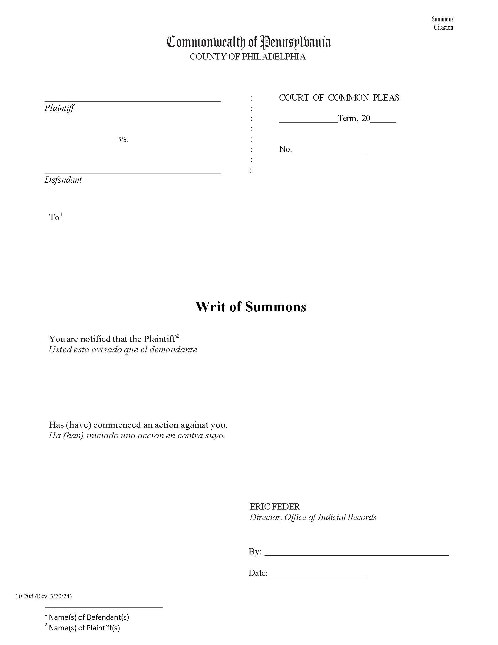 Writ Of Summons {10-208} | Pdf Fpdf Doc Docx | Pennsylvania