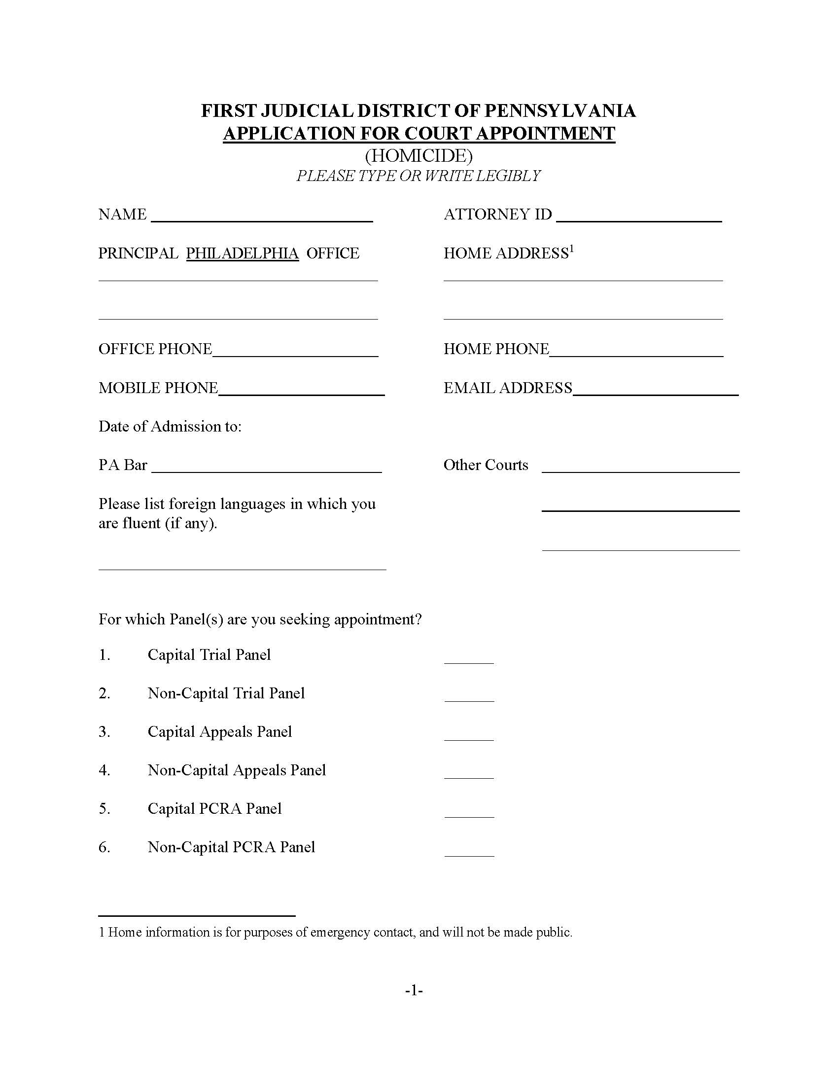 Application For Court Appointment Certification (Homicide) | Pdf Fpdf Docx | Pennsylvania