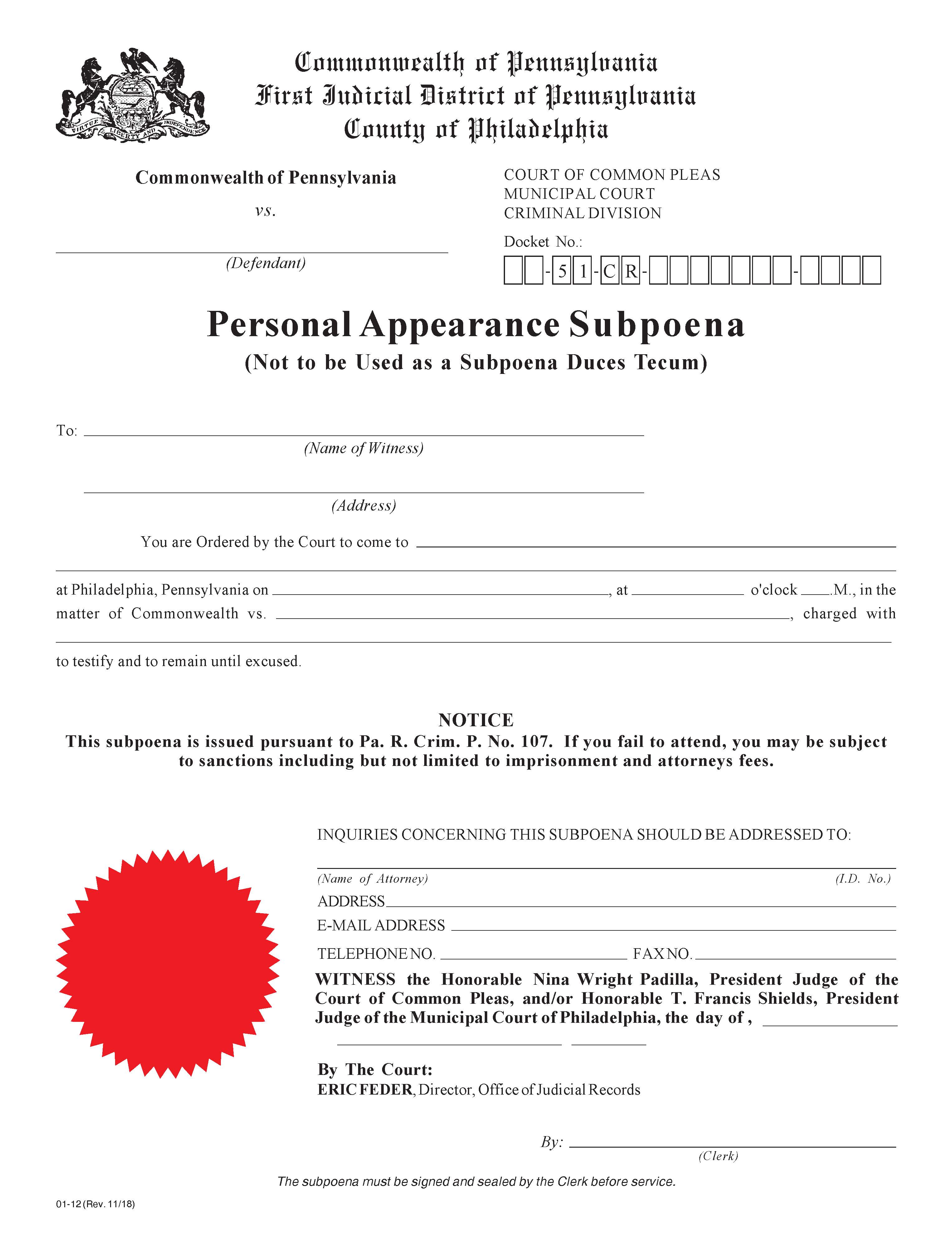 Personal Appearance Subpoena {01-12} | Pdf Fpdf Docx | Pennsylvania