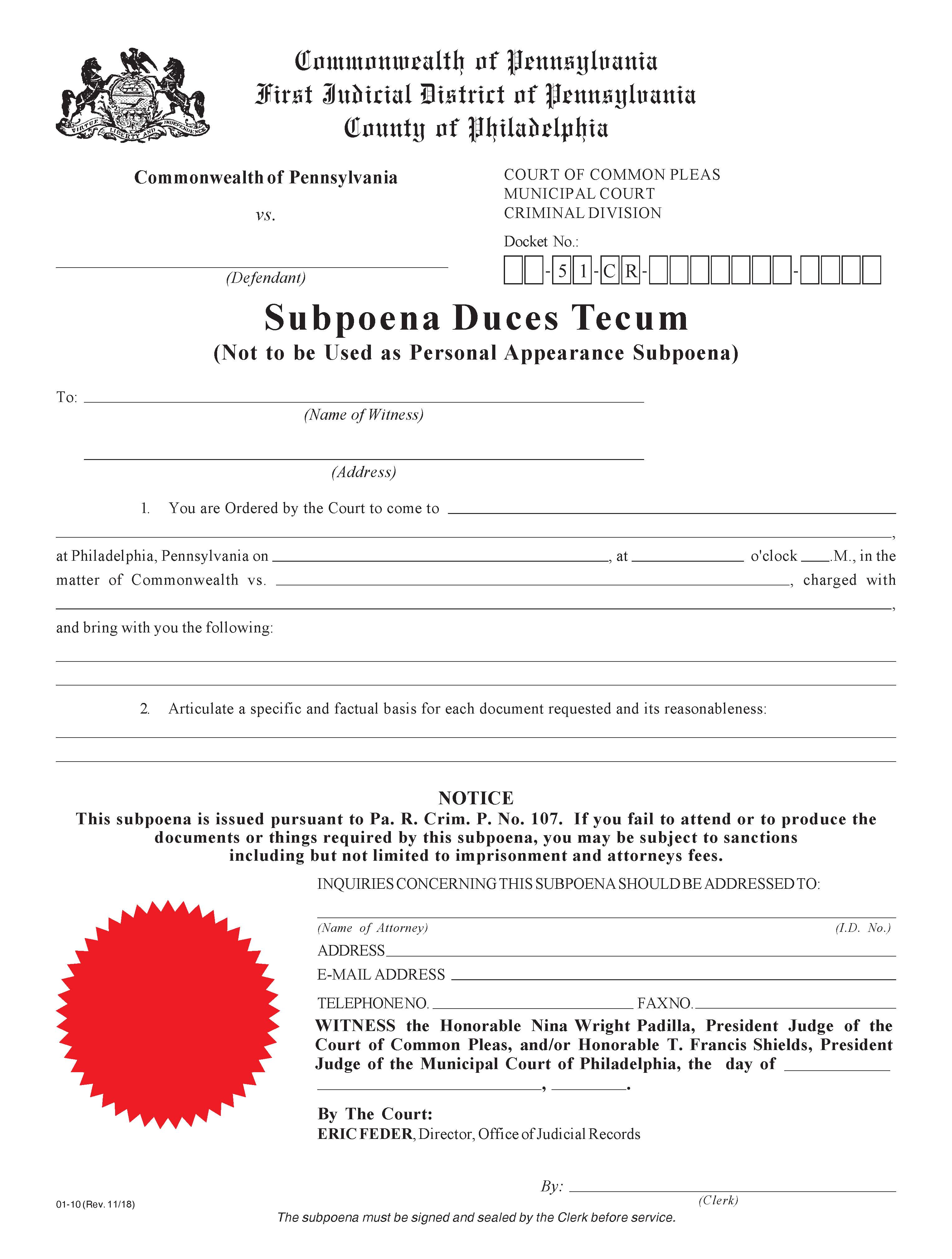 Subpoena Duces Tecum {01-10} | Pdf Fpdf Docx | Pennsylvania