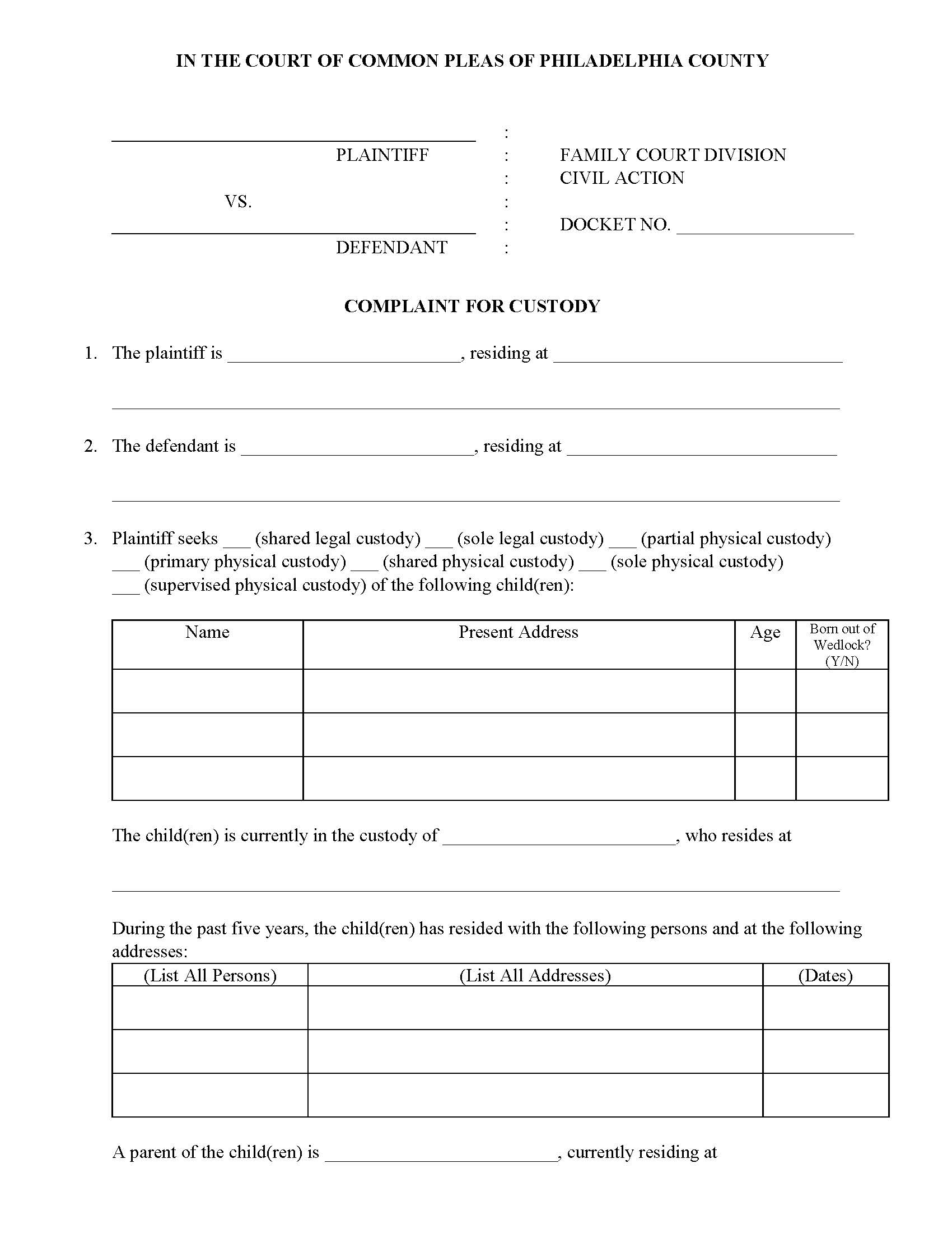 Complaint For Custody | Pdf Fpdf Docx | Pennsylvania