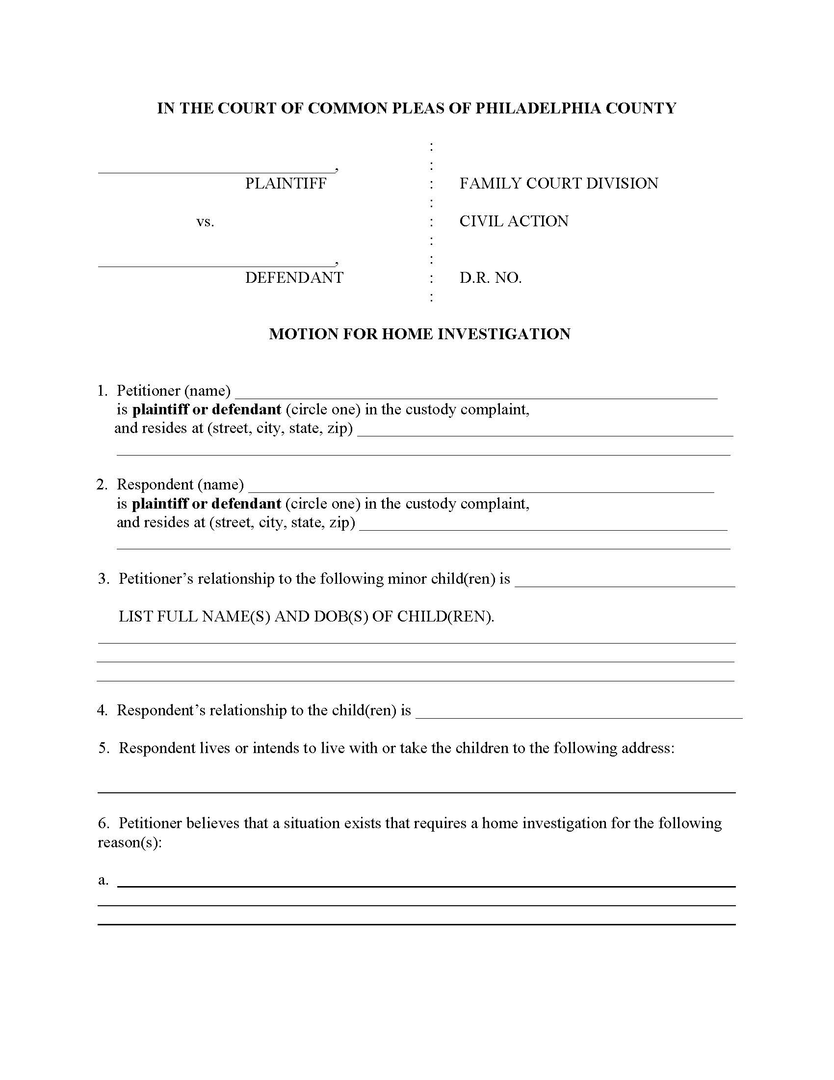 Motion For A Home Investigation | Pdf Fpdf Doc Docx | Pennsylvania