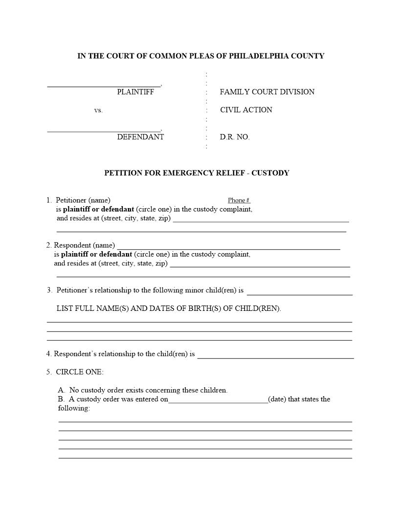 Petition For Emergency Relief-Custody | Pdf Fpdf Docx | Pennsylvania