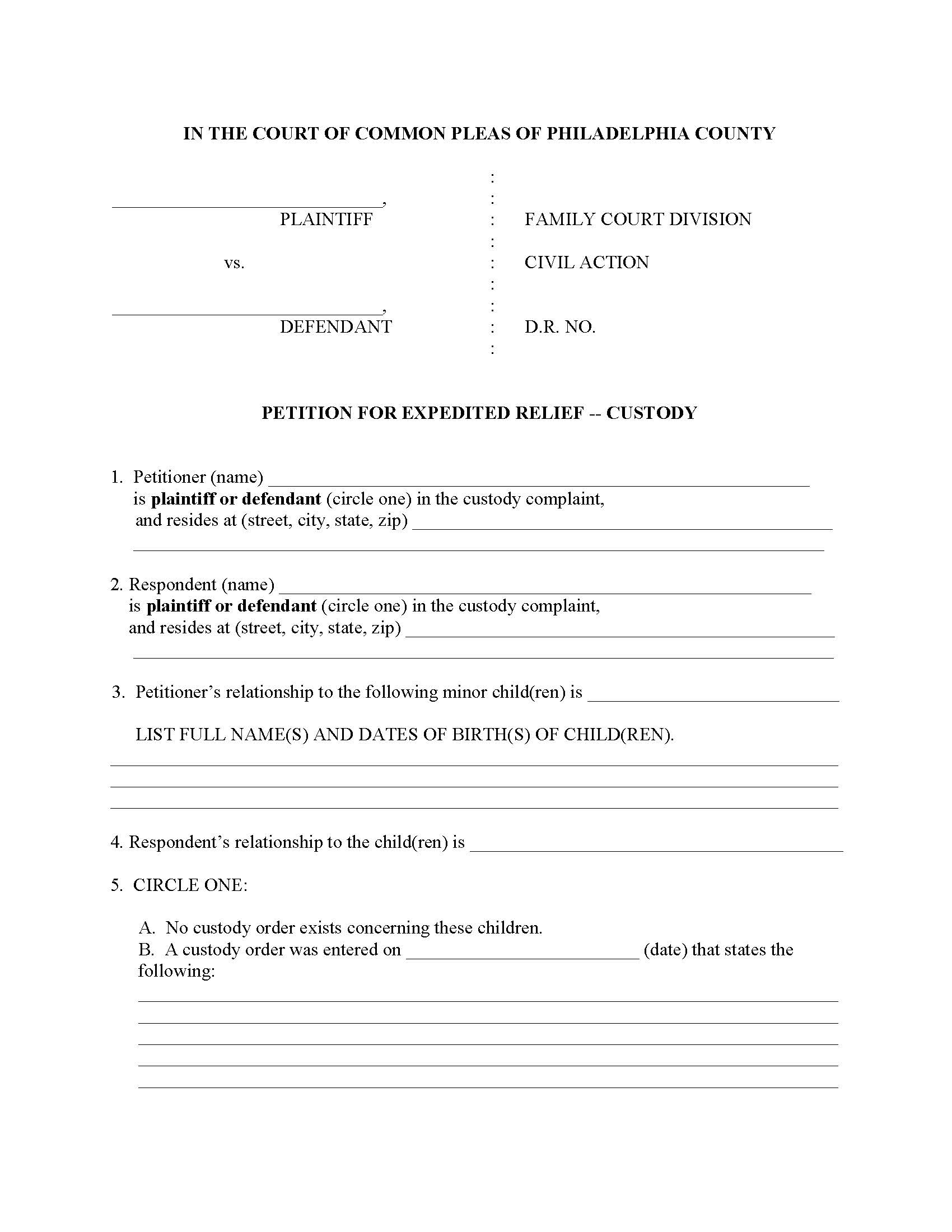 Petition For Expedited Relief-Custody | Pdf Fpdf Doc Docx | Pennsylvania