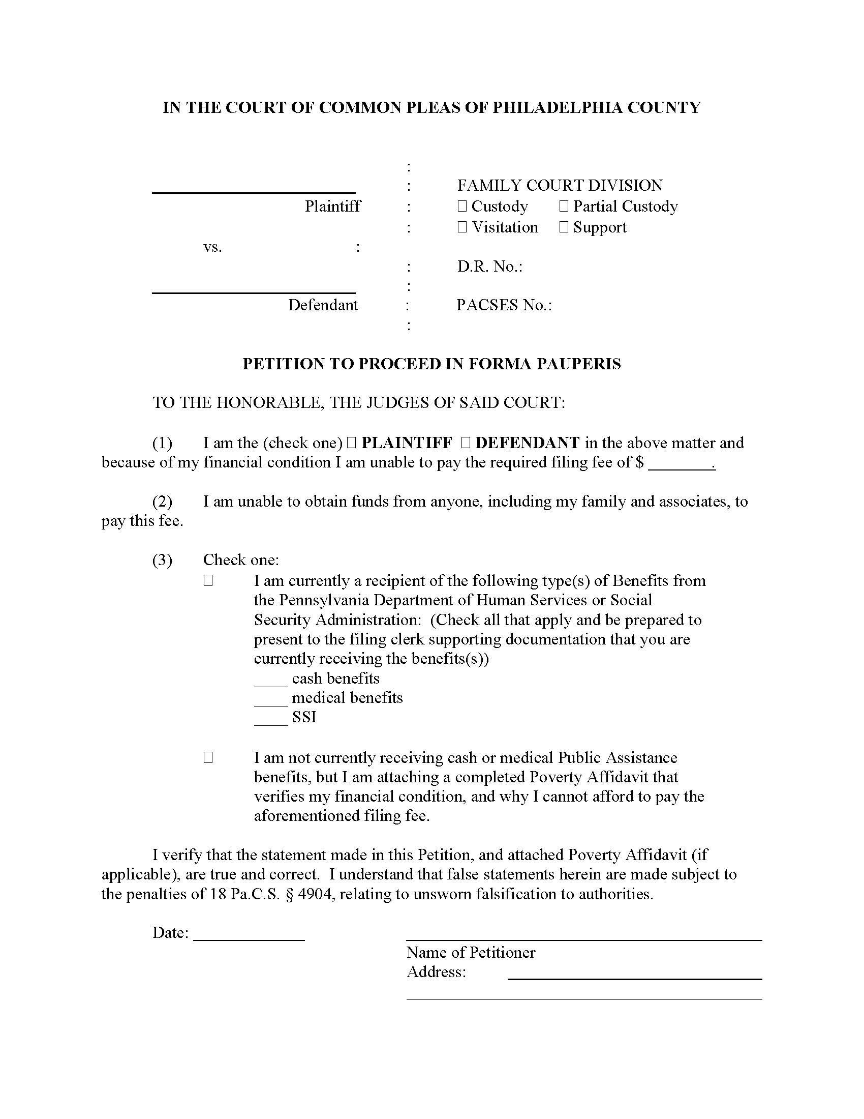 Petition To Proceed In Forma Pauperis | Pdf Fpdf Docx | Pennsylvania