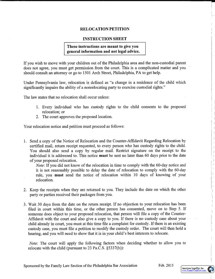 Relocation Petition | Pdf Fpdf Docx | Pennsylvania